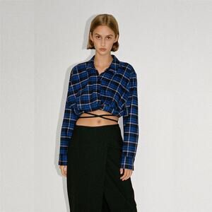 2/$30 ZARA Cropped Plaid Blouson Button-Down Shirt Blue Black Long Sleeve #7336